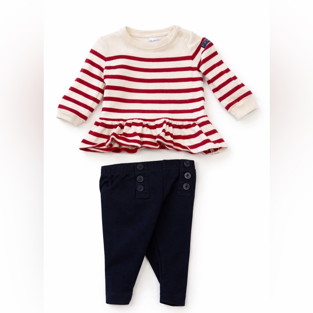 Striped Red & Cream Peplum Top with Navy Button Leggings
